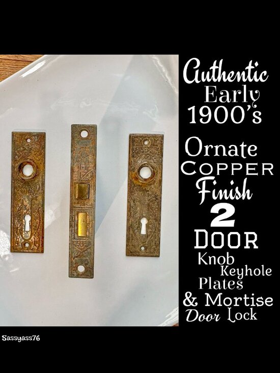 Vintage Other - 🆕ANTIQUE▪️Authentic Early 1900's Ornate Copper Door Plates & Mortise Door Lock